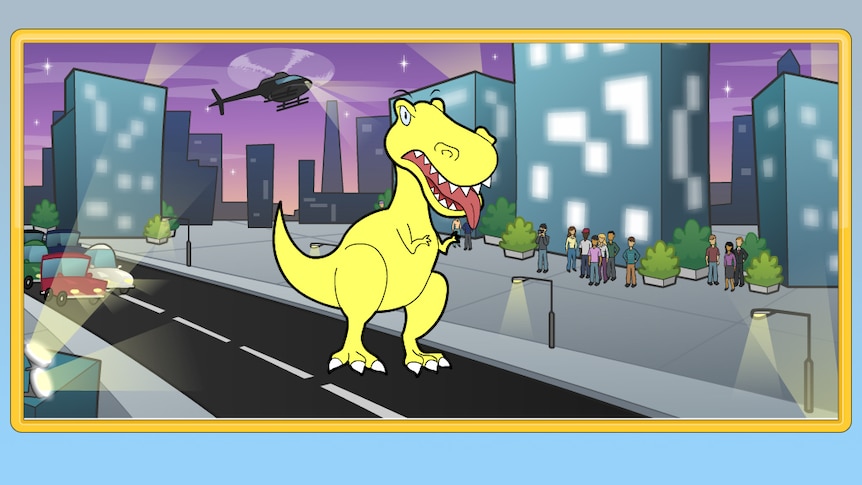 Cartoon dinosaur in a city