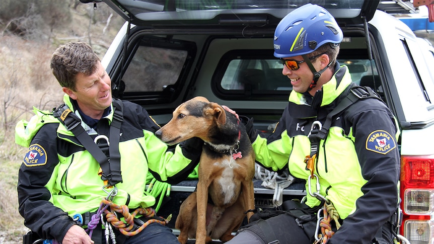 Ralphie sits in the back of a van with his police rescue team
