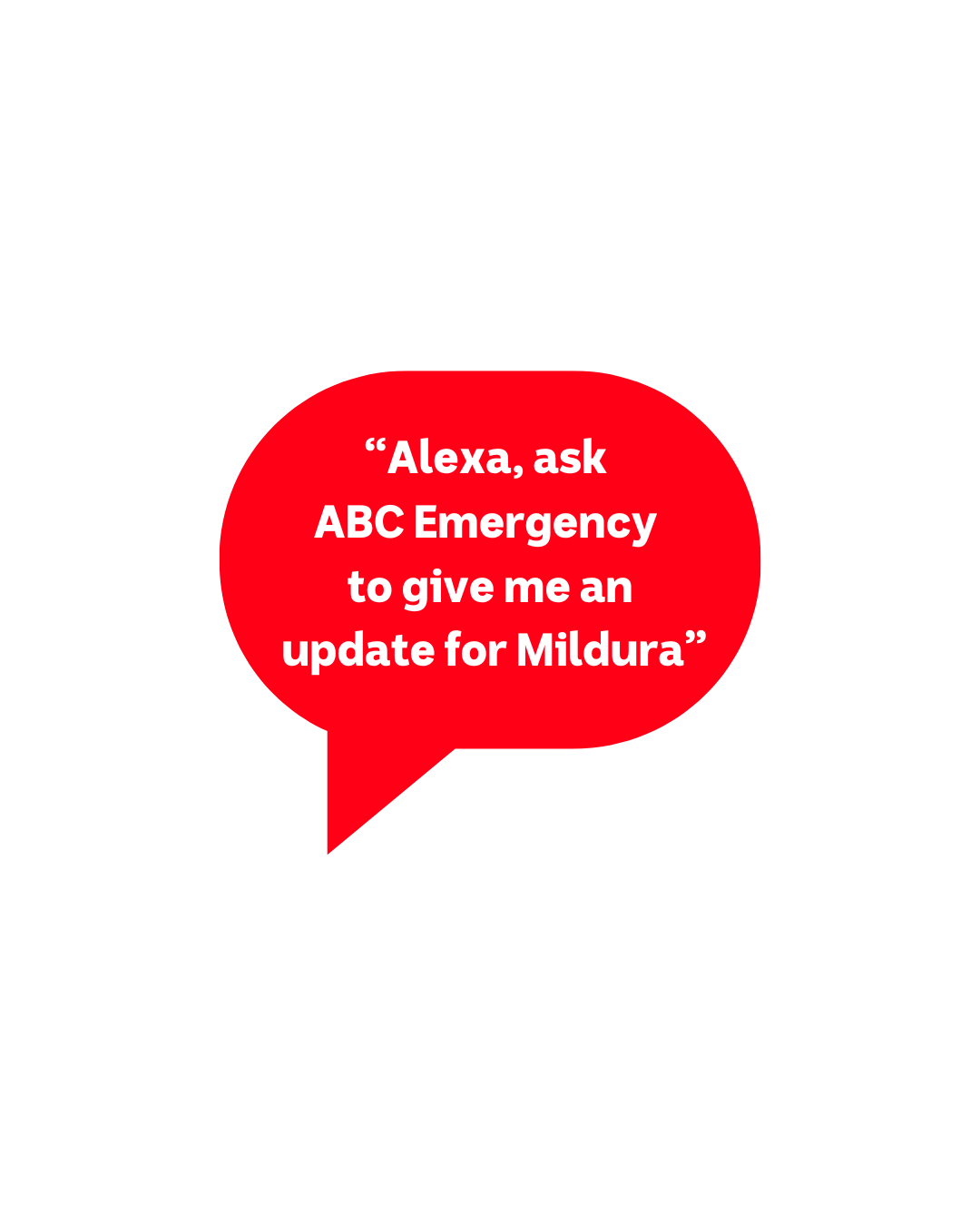 Red speech bubble with the words "Alexa, ask ABC Emergency to give me an update for Mildura"