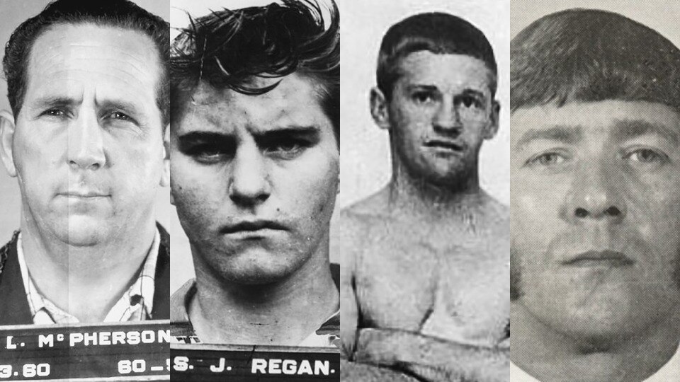 A composite of four black and white photos, four serious men, two with names, one bare chested, one has a fringe.