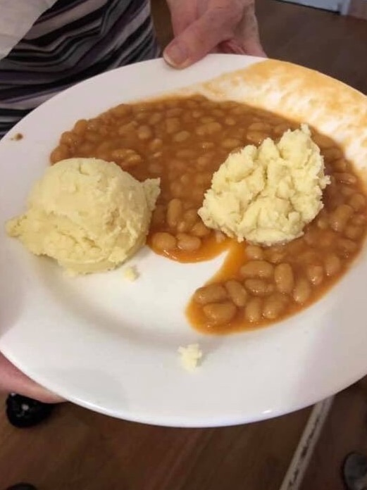 A plate of unappetising mashed potato and baked beans.