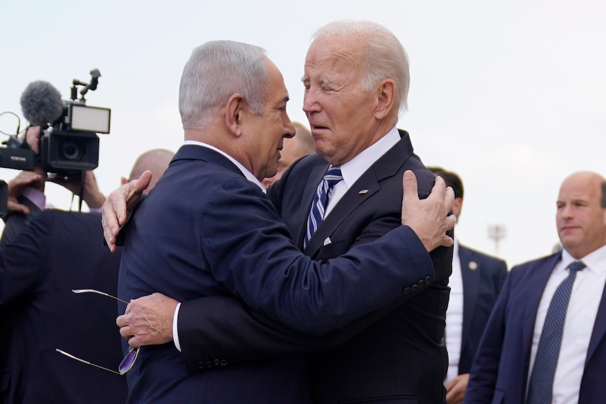 President Joe Biden is greeted by Israeli Prime Minister Benjamin Netanyahu after arriving at Ben Gurion International Airport.