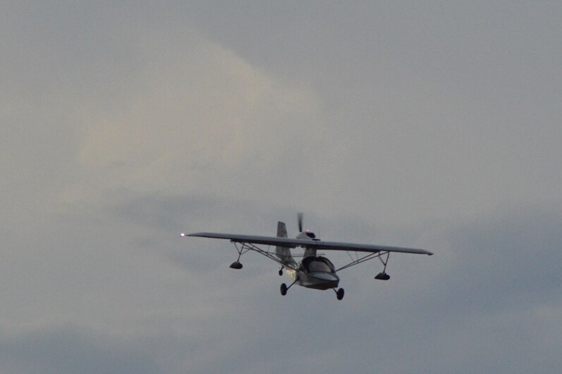 Flying boat pilot Michael Smith lines up the Longreach airport runway on a cloudy evening.