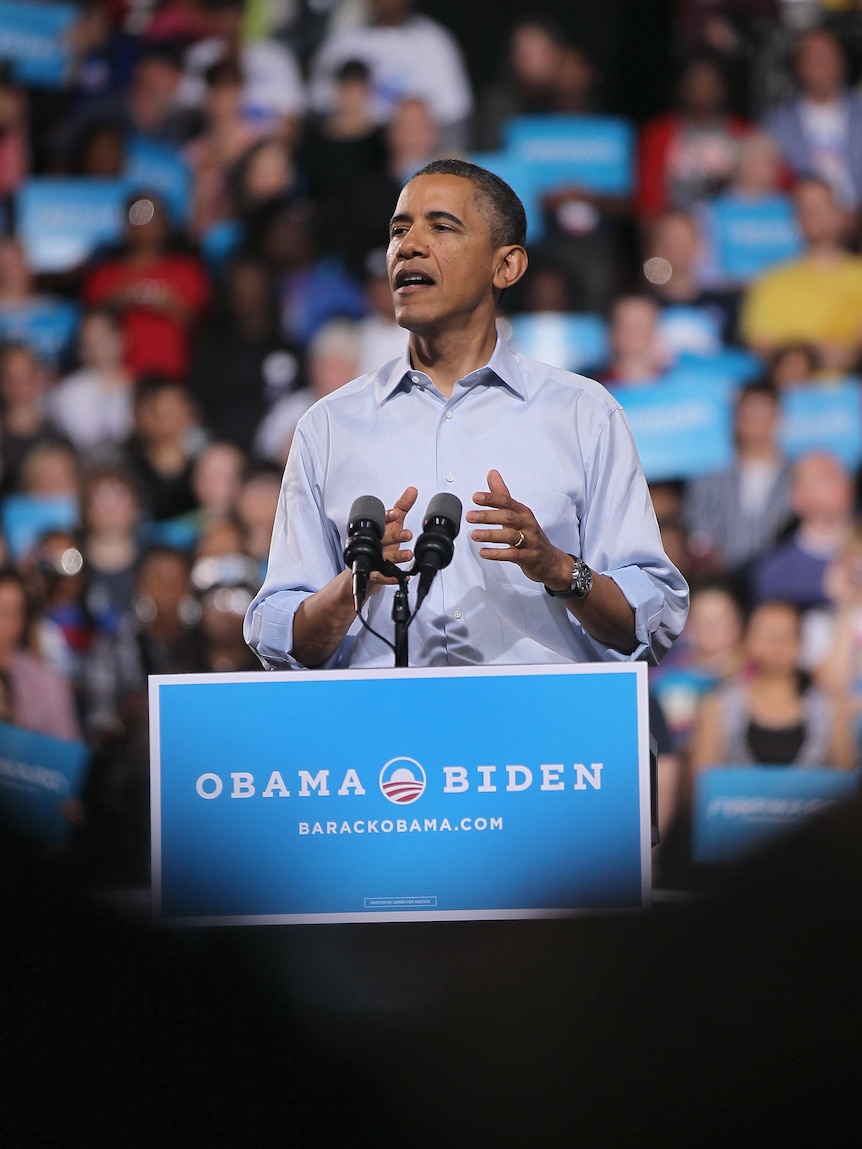 Barack Obama speaks to supporters at a campaign rally at Ohio State university, 5 May 2012