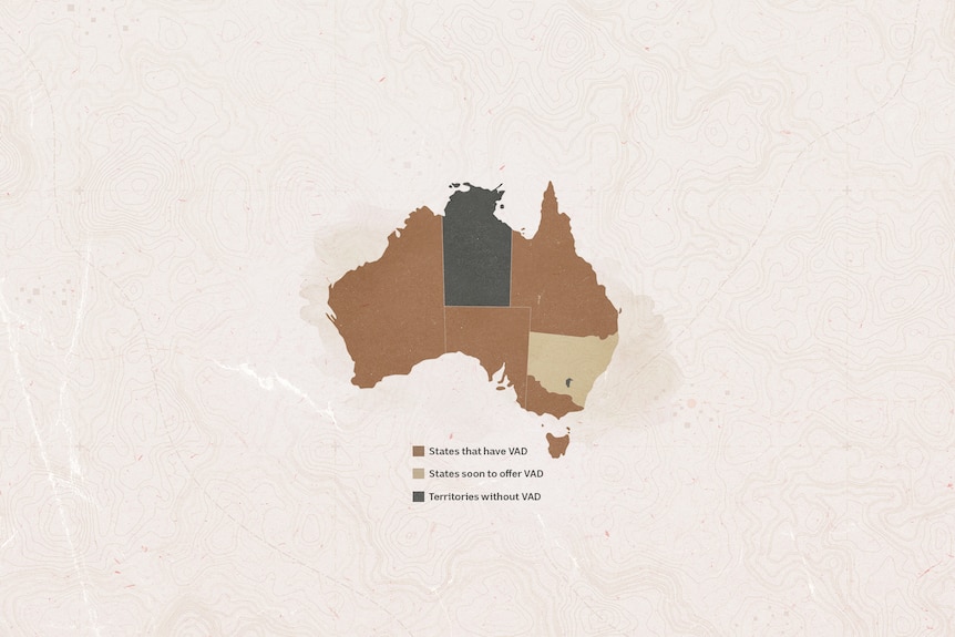 Map of Australia highlighting the different VAD laws in each state.