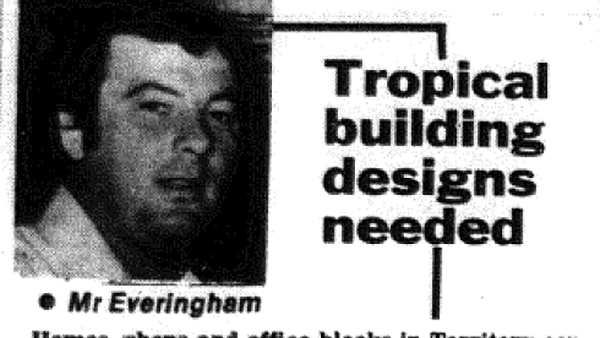 A newspaper clipping from August 1981 discusses tropical architecture