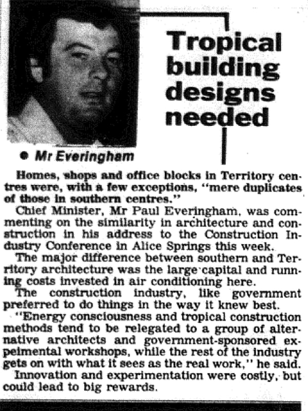 A newspaper clipping from August 1981 discusses tropical architecture