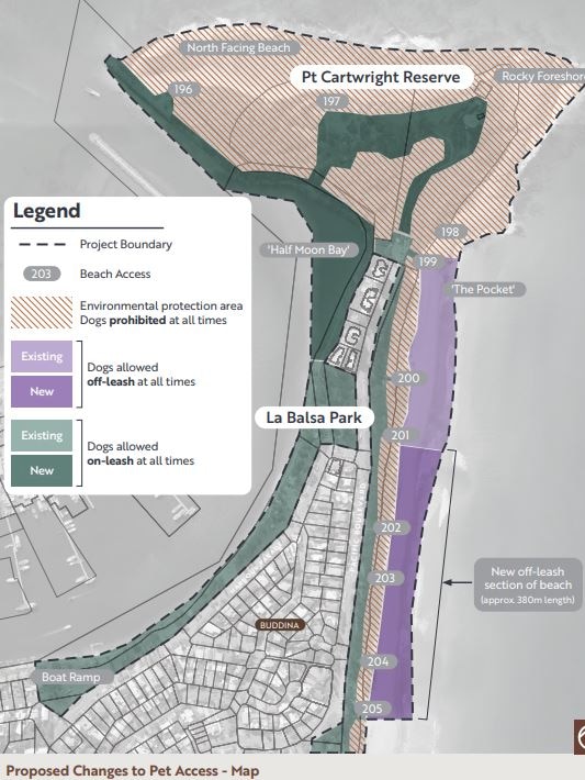 Map of proposed changes to dog access at Point Cartwright Reserve