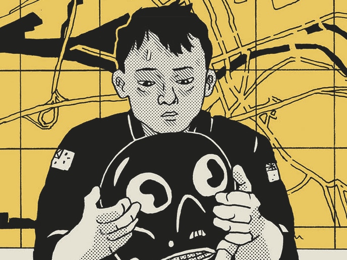 A black, white and yellow illustration of a short-haired uniformed person looking down at helmet in their hands in front of map.