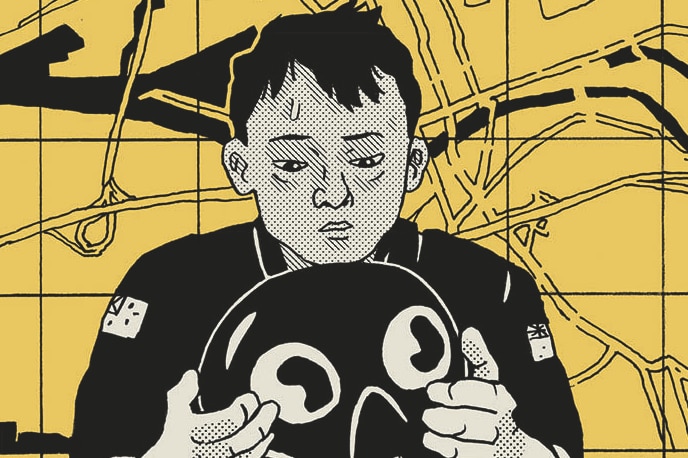 A black, white and yellow illustration of a short-haired uniformed person looking down at helmet in their hands in front of map.
