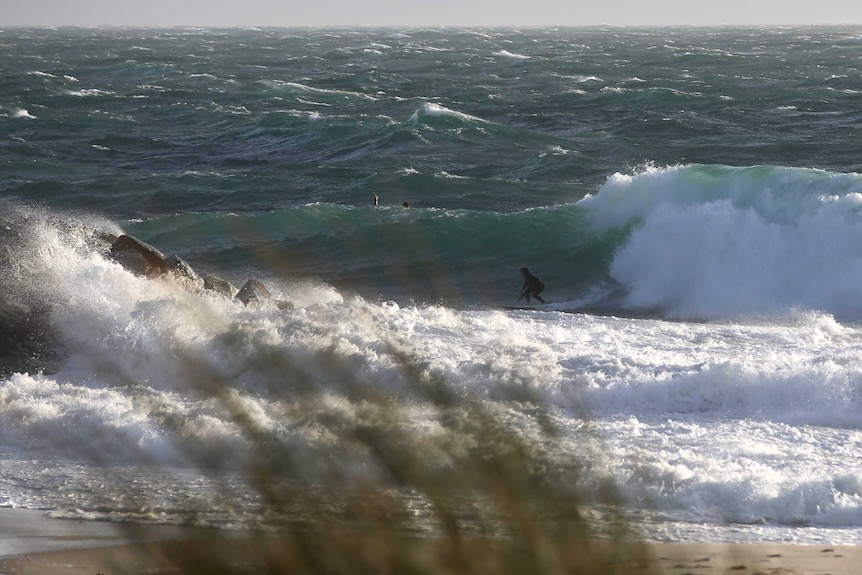A man rides a near double head height storm wave close to the groyne at City Beach in Perth