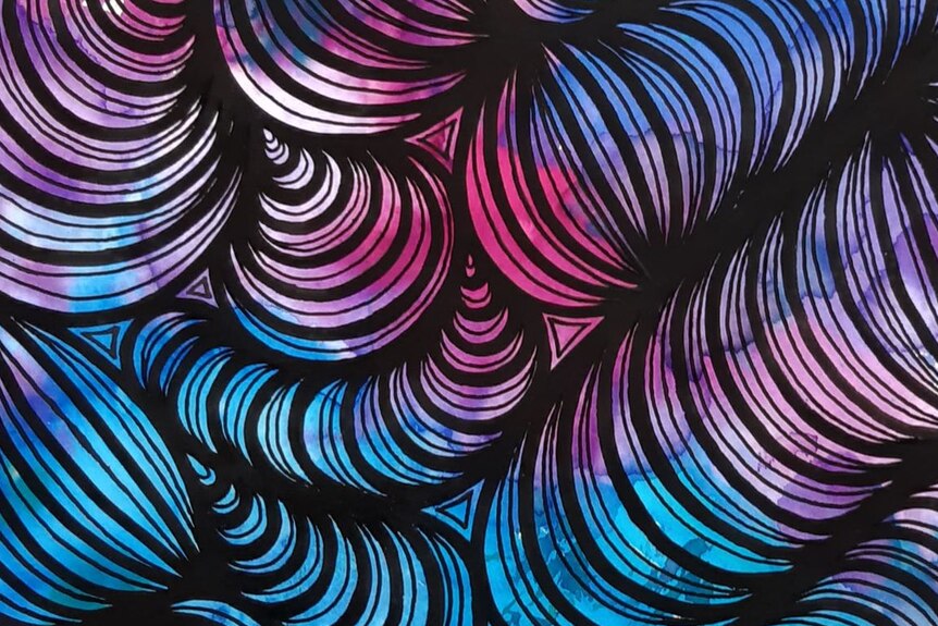 A piece of Sammy's art - black swirls interwoven with blues, pinks, and purples.