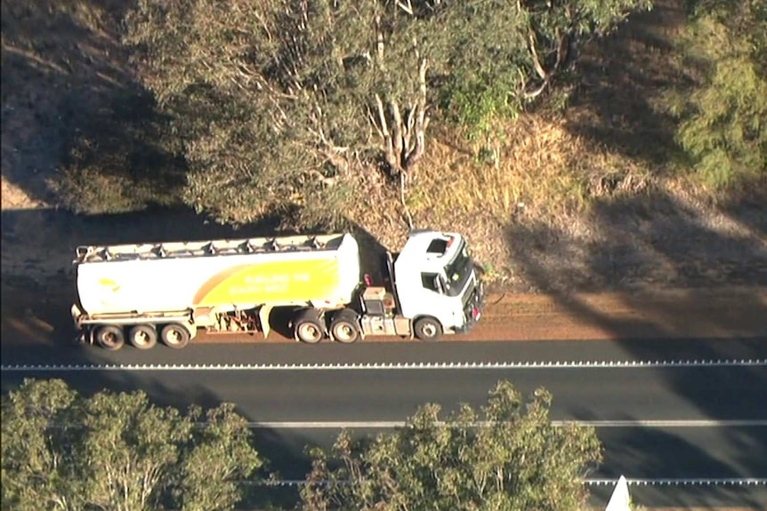 A truck parked on the side of the road next to bush.