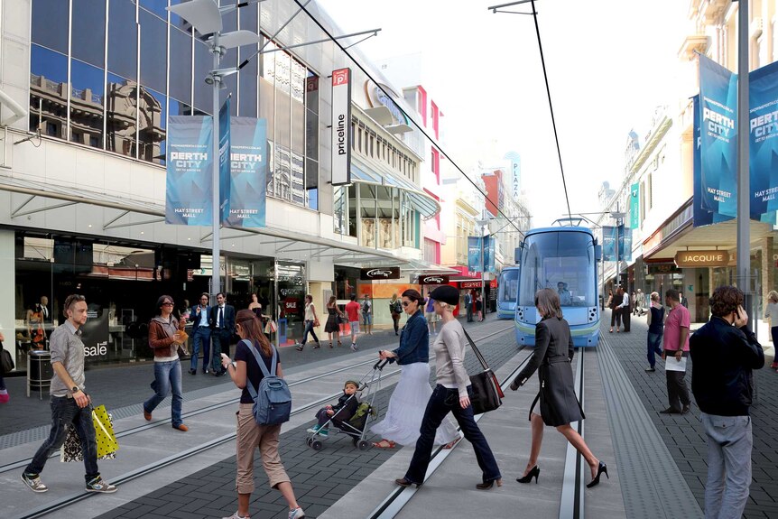 An artist's impression of people walking on Hay Street Mall with light rail lines in the gorund and a train in the background.