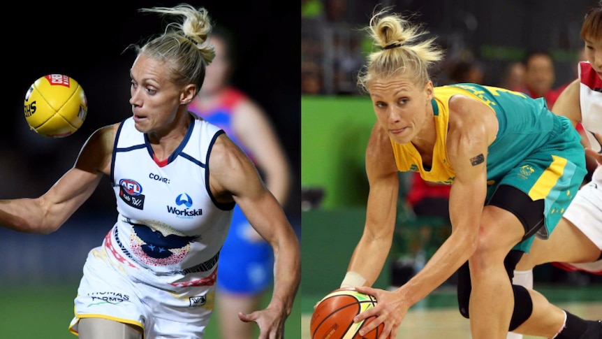 Composite image of Erin Phillips in action for the Adelaide Crows in the inaugural AFL Women's season and playing basketball for Australia's Opals at the 2016 Rio Olympic Games.