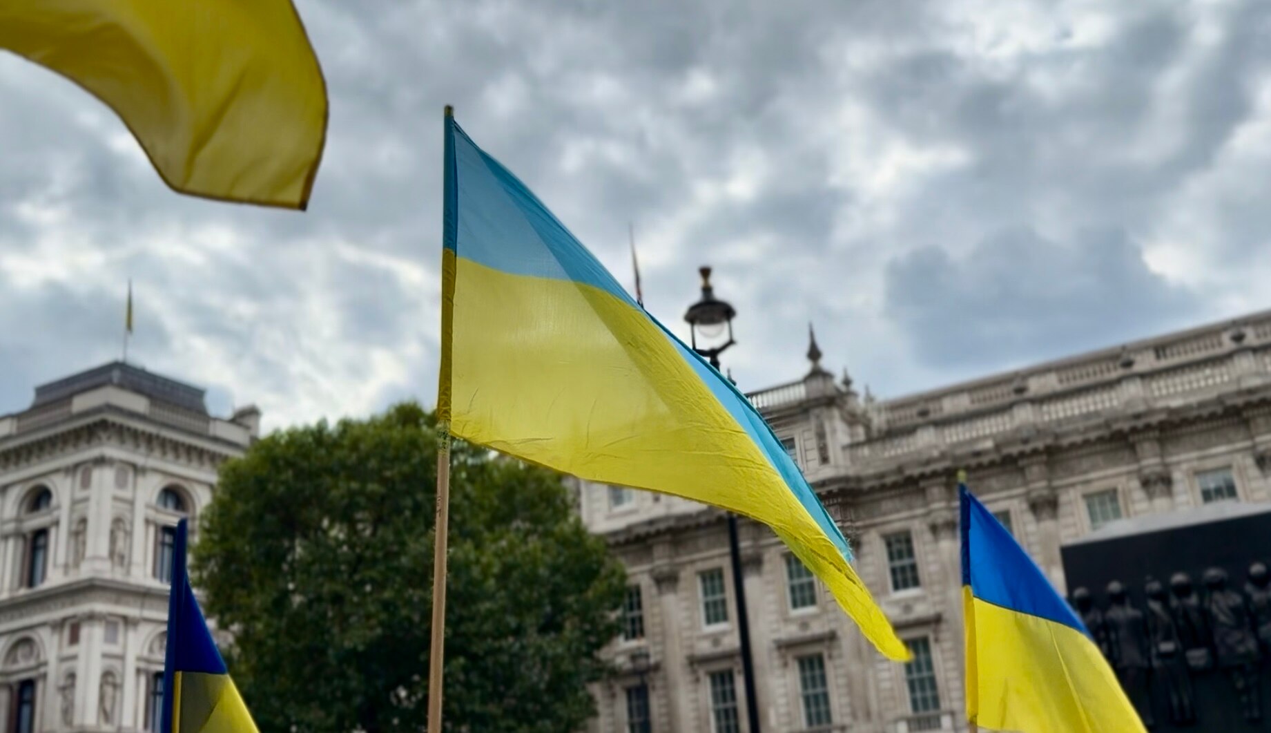 A Ukrainian flag in a London street.