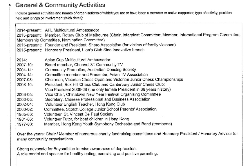 Form that has list of text under a heading that says 'General and Community Activities'