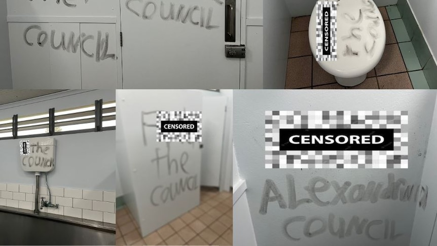 A collage of pictures shows abusive messages written in large letters on walls,  a toilet and a urinal