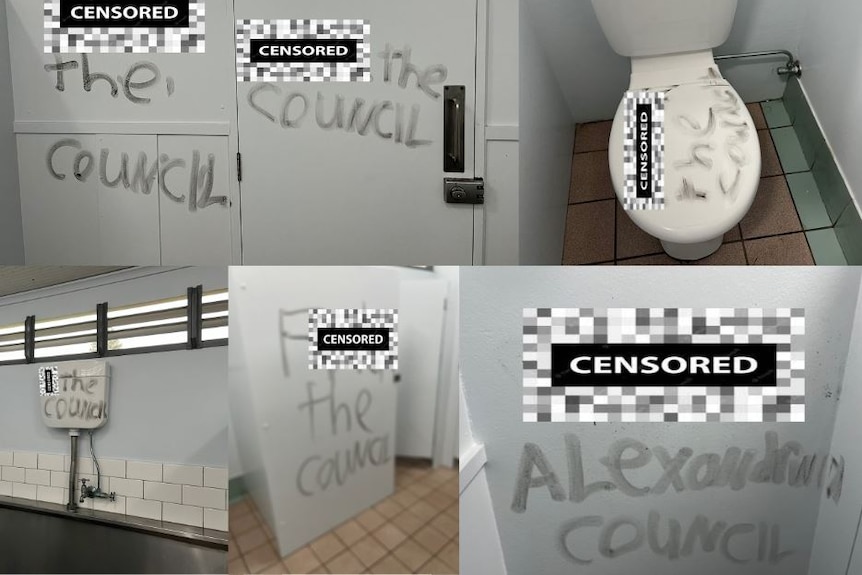 A collage of pictures shows abusive messages written in large letters on walls,  a toilet and a urinal