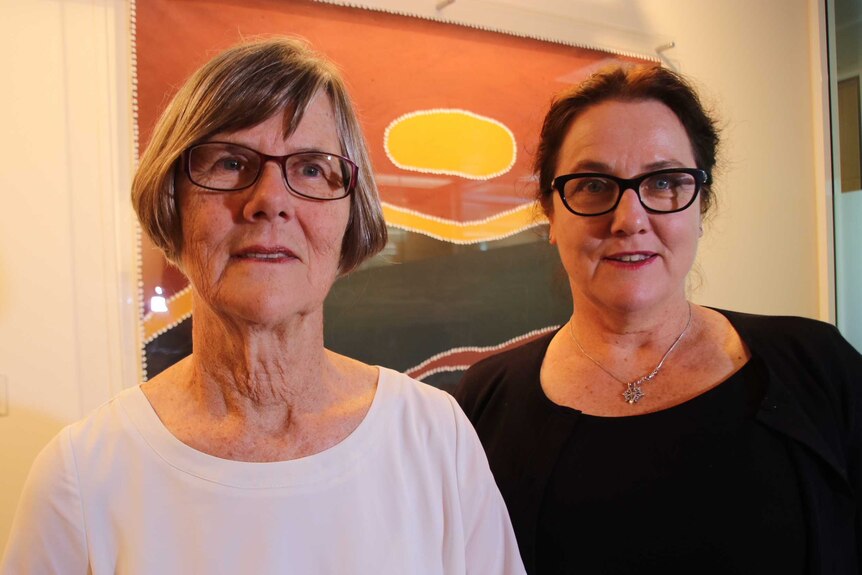 Professor Carol Bower and Dr Raewyn Mutch standing side by side with artwork in the background.