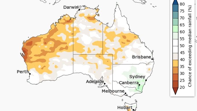 A map of Australia showing much of WA covered in orange, indicating low rainfall is forecast.