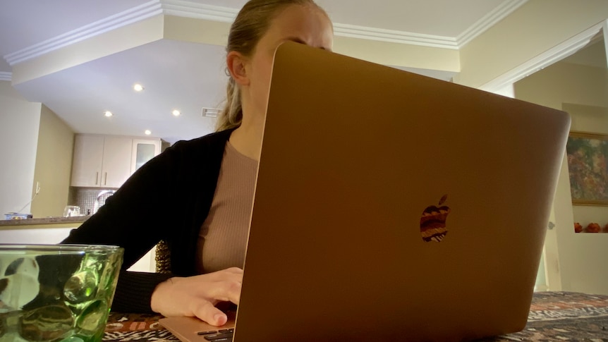 A young woman is using a laptop at the kitchen table, her face is hidden behind the screen.
