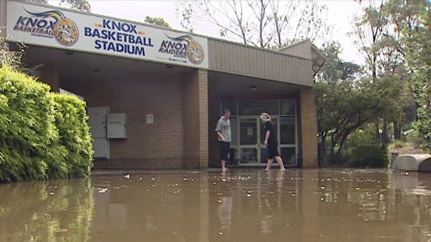 The Knox basketball stadium in Melbournes eastern suburbs was flooded inside and out.