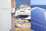 A composite image showing a Tesla battery on a brick wall, houses under construction and solar panels on a roof
