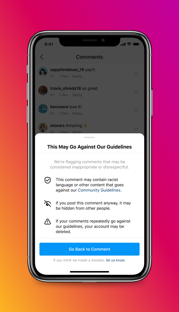 A screenshot of an Instagram warning to discourage harassment