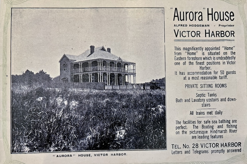 An advertisement showing a grand house and listing its attractions 