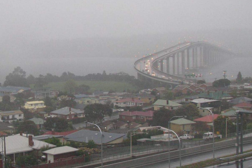 Rain over the Tasman Highway bridge, Hobart, Thursday 15 September 2016