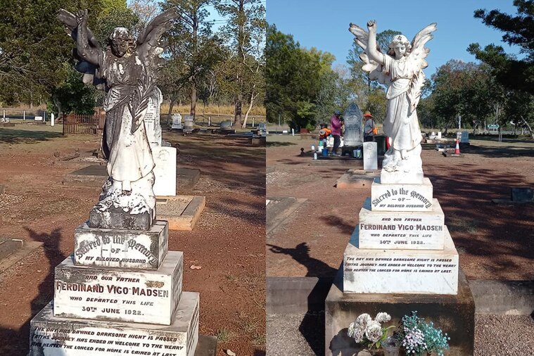 A before-and-after shot of a tombstone following a good cleaning.