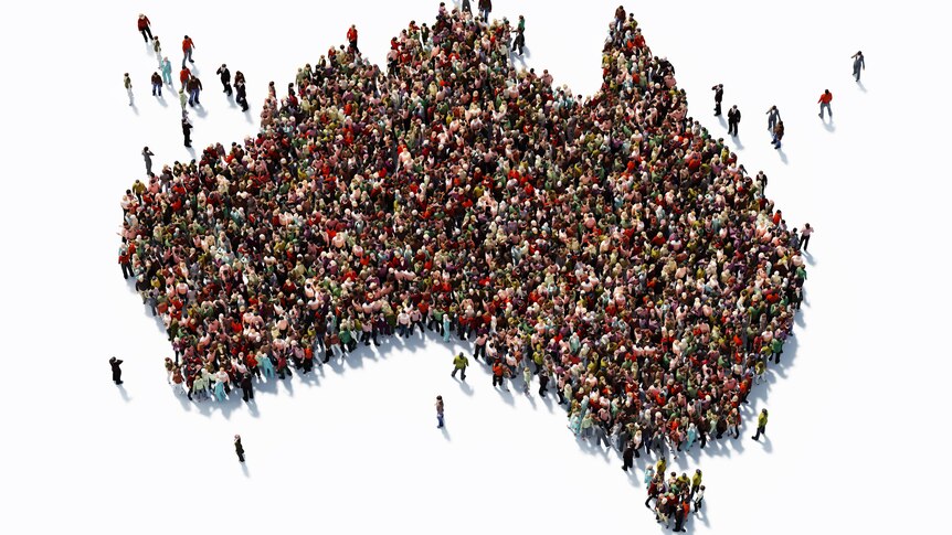 Human crowd forming a big Australian map on white background. 