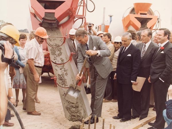 Prime Minister Malcom Fraser pouring the first concrete for Parliament House, November 1981.