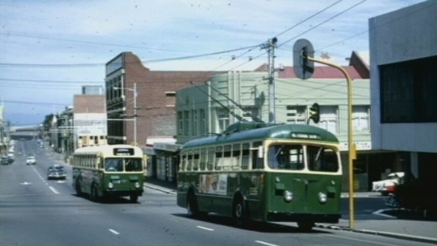Hobart streets from the 20th century with trolley buses.
