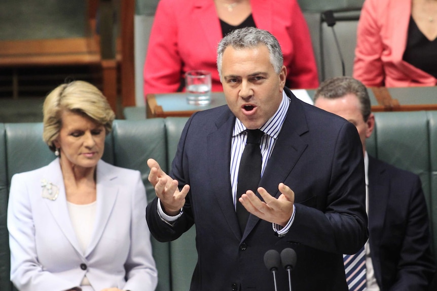 Federal Treasurer Joe Hockey gestures during Question Time in the House Of Representatives on December 12, 2013.