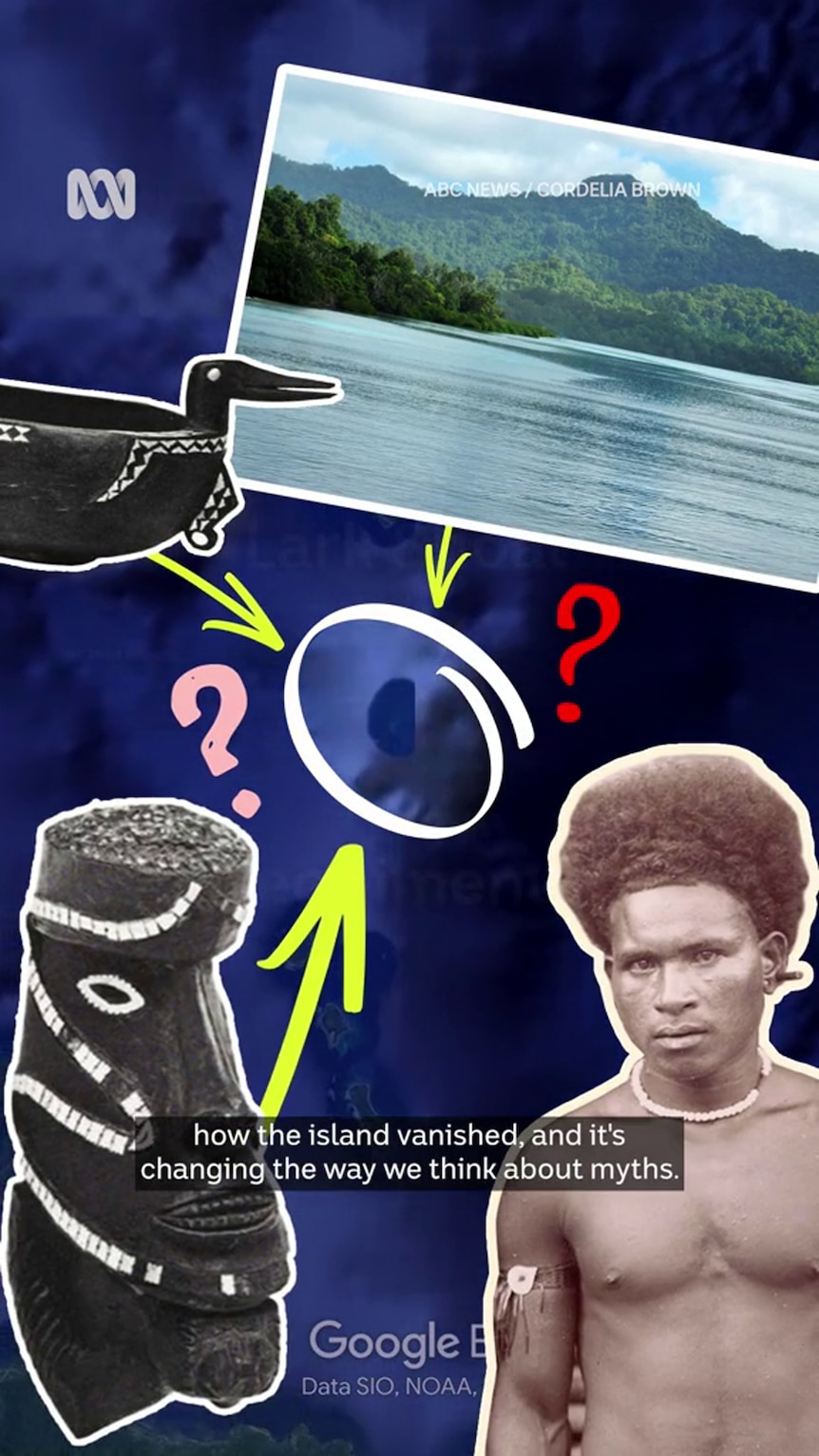 Screenshot of an animated scene shows a tropical island, a Melanesian man and two traditional carvings