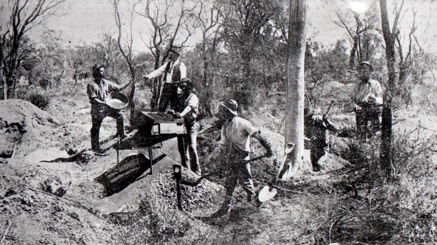 An old photo of prospectors using dryblower and panning for gold