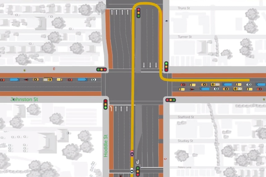 A graphic of the P-turn at Hoddle Street and Johnston Street.