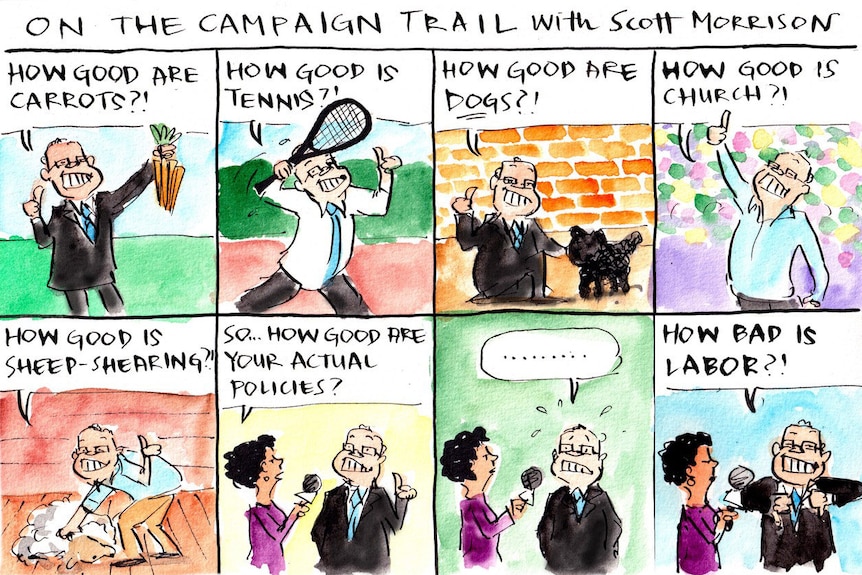 Political cartoon by Fiona Katauskas depicting Prime Minister Scott Morrison on the campaign trail with his thumbs up.