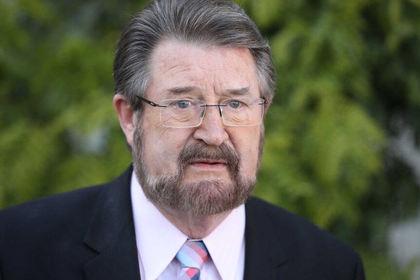 Derryn Hinch frowns while looking just past the camera. He is wearing a dark suit with a pink, red and grey patterned tie.