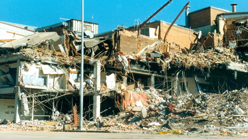 A wide shot of the heavily damaged Newcastle Workers Club after the 1989 earthquake.