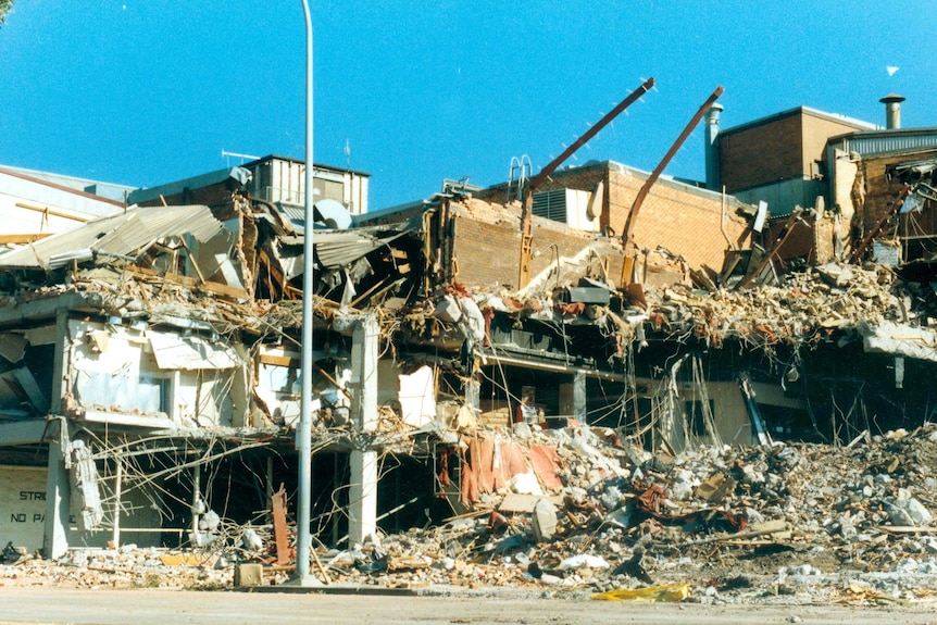 A wide shot of the heavily damaged Newcastle Workers Club after the 1989 earthquake.