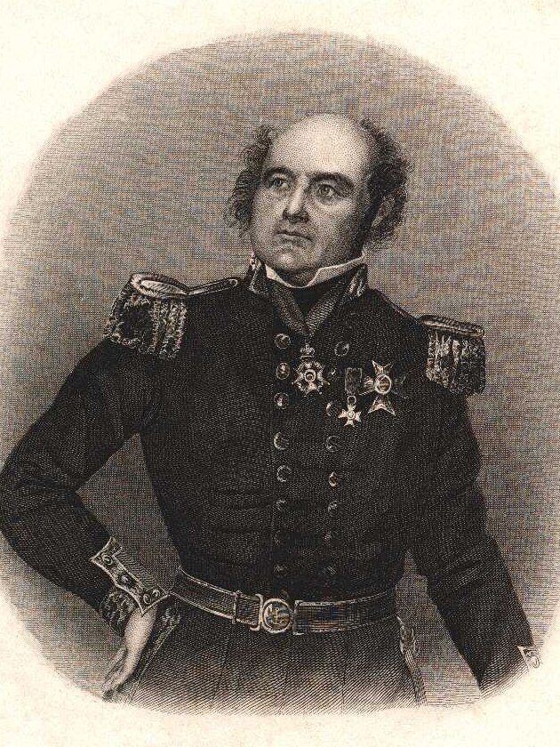 A black and white sketch of a man wearing a military uniform and standing with one hand on his hip.