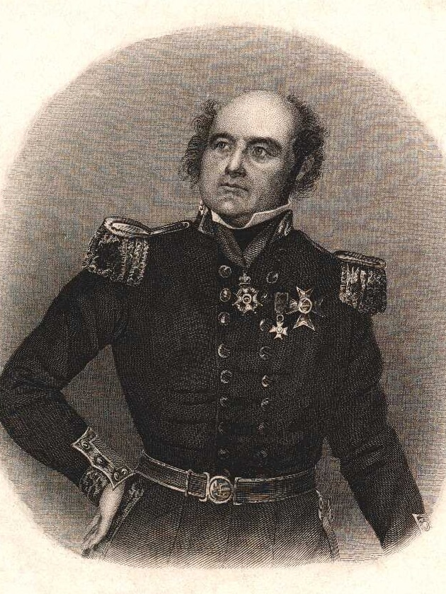 A black and white sketch of a man wearing a military uniform and standing with one hand on his hip.