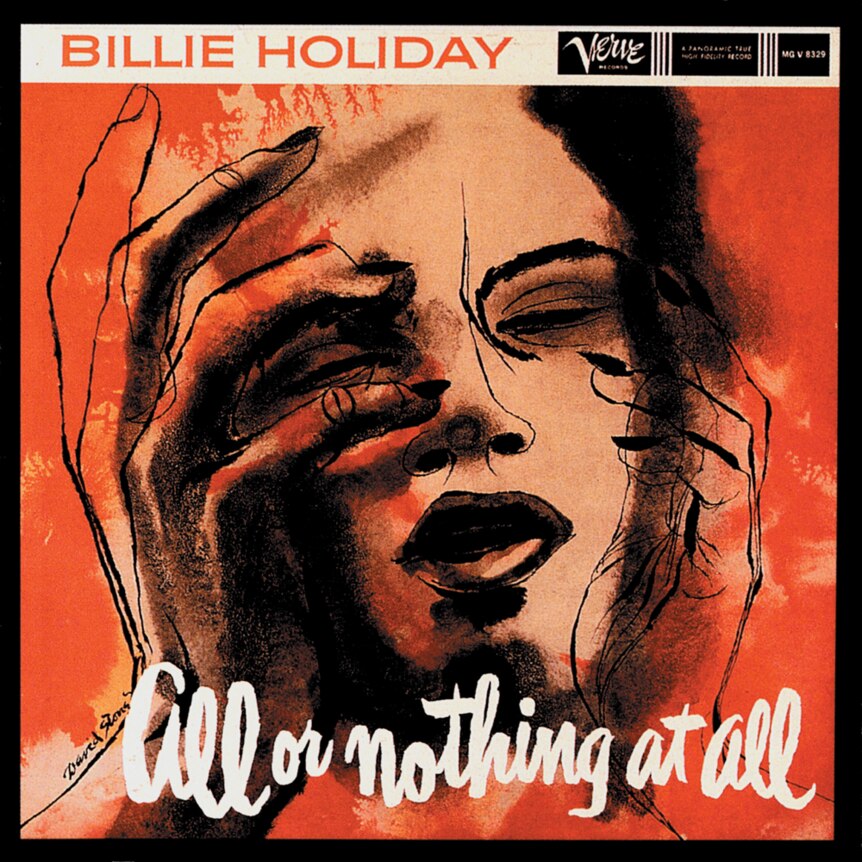 An abstract painting depicting Billie Holiday's face; it's coloured in red and her hands are up against her cheeks