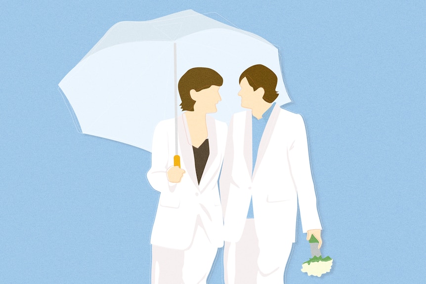 A collage-style illustration of two women in white suits.