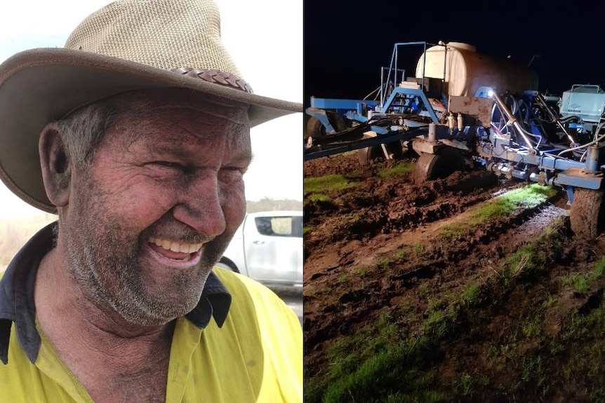 Grain grower Michael Hunt on the left wearing a hat and a bogged trailer in a paddock on the right.