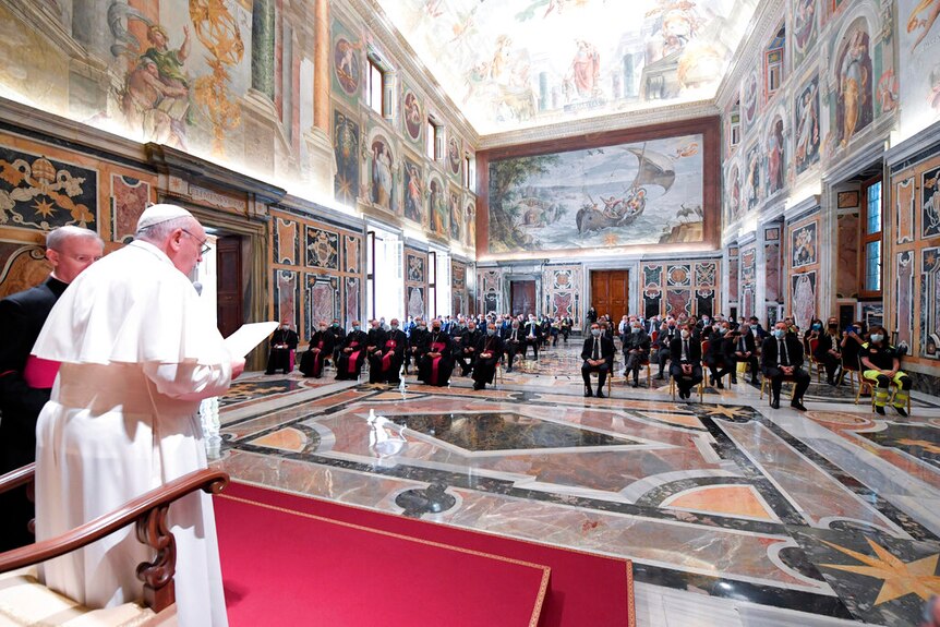 Pope Francis pictured addressing doctors and nurses from the coronavirus-ravaged Lombardy region, at the Vatican.