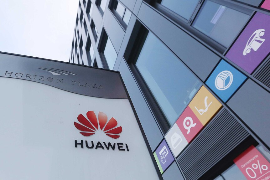 The Huawei logo is displayed in red and black at the main office of Chinese tech giant Huawei